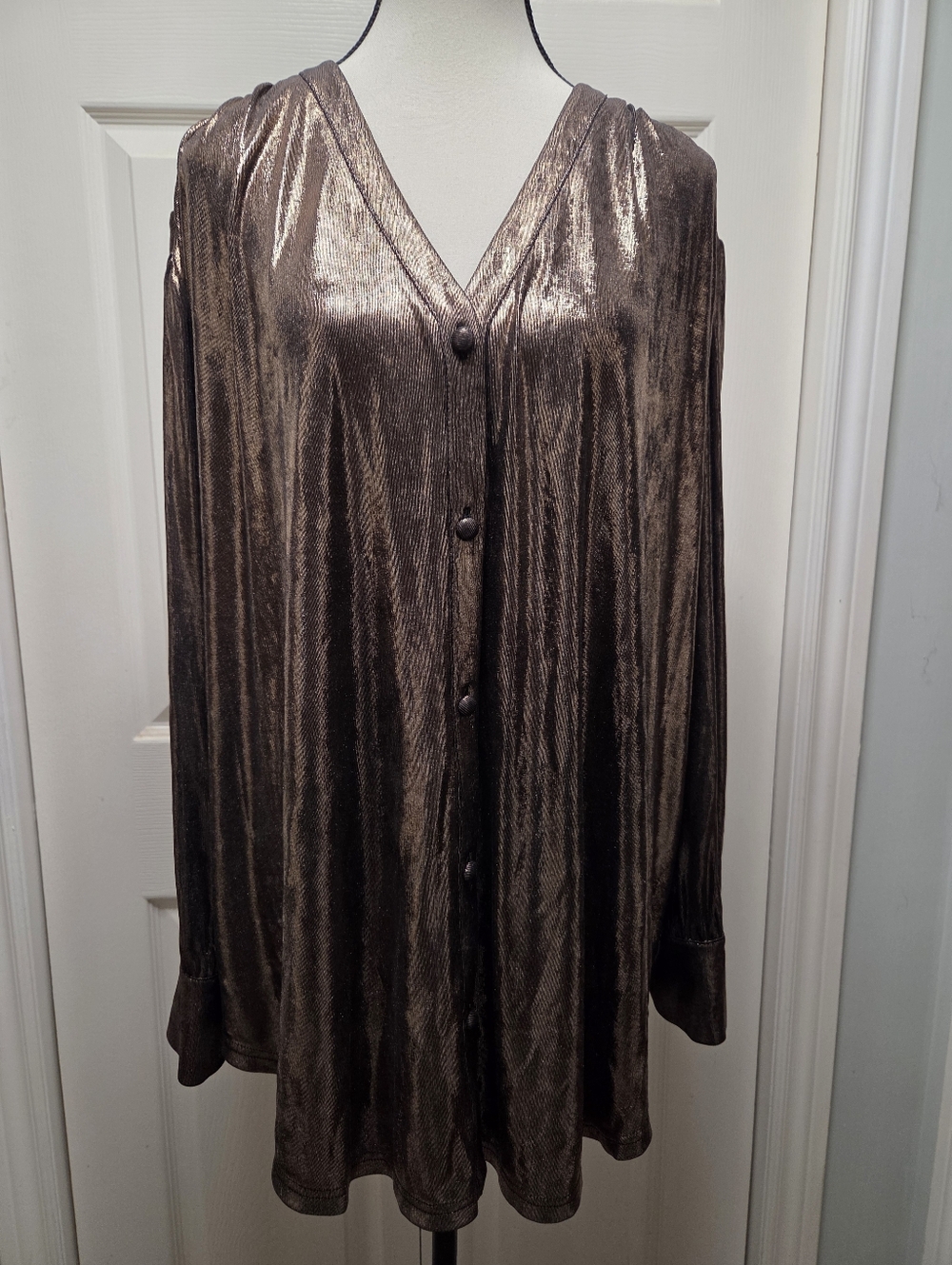 Metallic Bronze V-Neck Button Front Women's Top